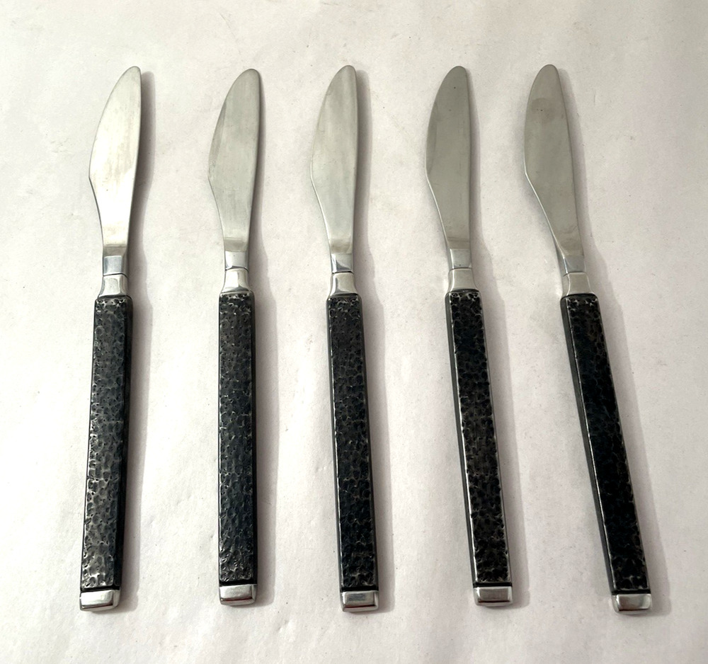 Set of 5 Gorham Casablanca Stainless Dinner Knives Black Hammered Handle 9"